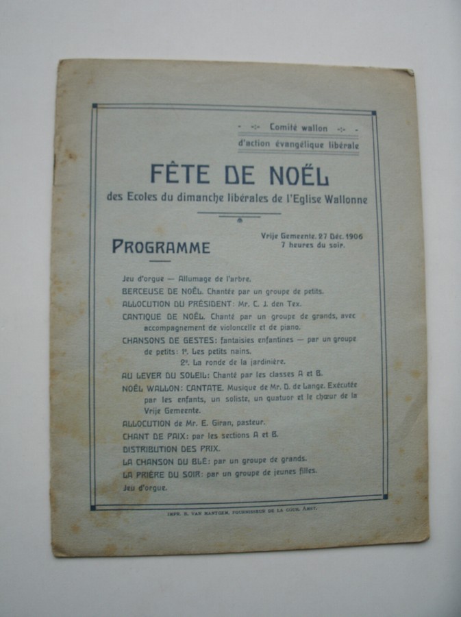 nn. - Fete de Noel des ecoles du dimanche liberales de l`Eglise Wallonne. (Waalse kerk Amsterdam).