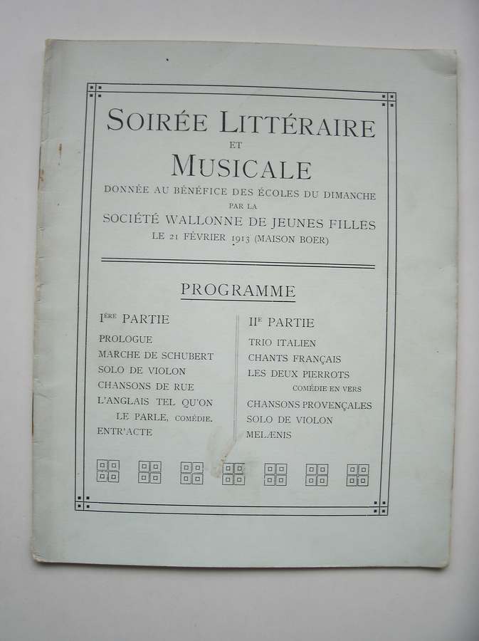 NN. - Soiree Litteraire et musicale donnee au benefice des ecoles du Dimanche par la Societe Wallonne