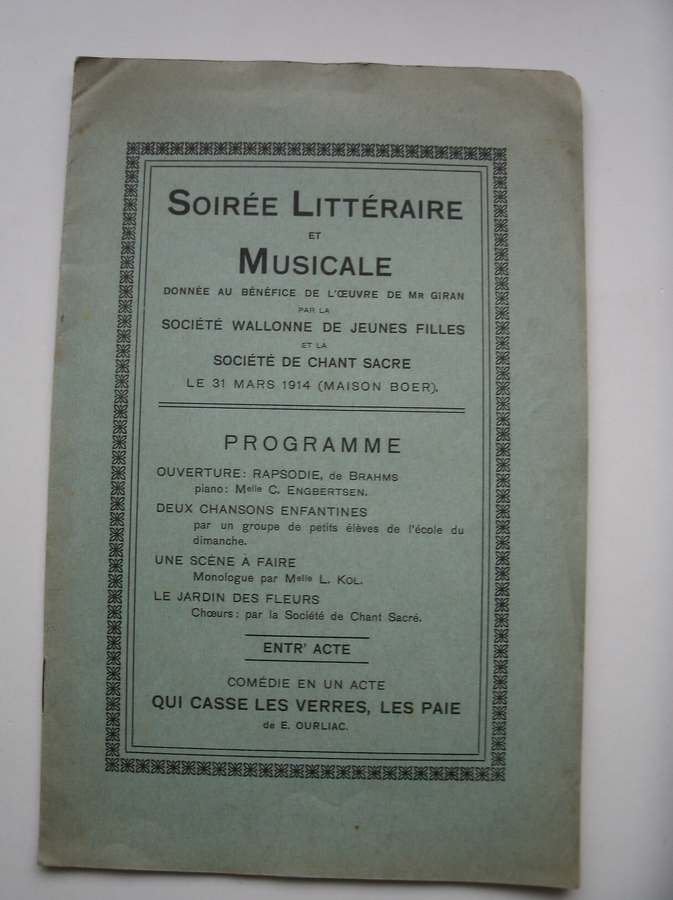 NN. - Soiree Litteraire et musicale donnee au benefice des ecoles du Dimanche par la Societe Wallonne