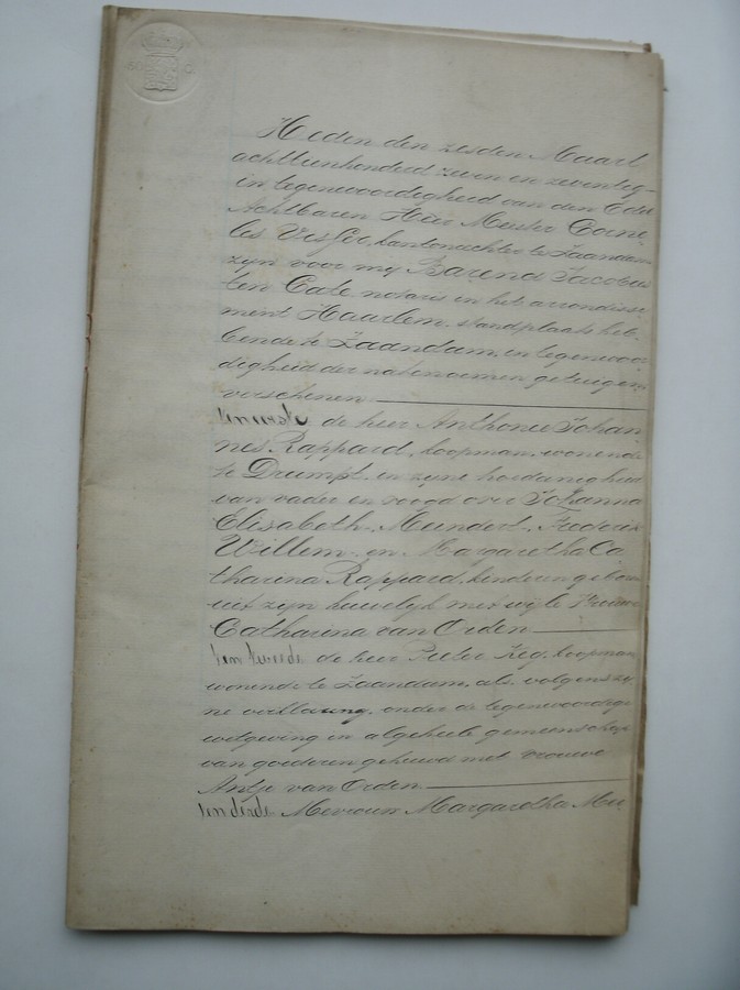 (genealogie, zaanstreek). - (van Orden family) Afschrift Akte van afscheiding der nalatenschappen van Grietje Dekker, Weduwe van Meindert van Orden.