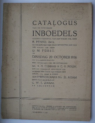 (Genealogie, Penso-Furst). - Catalogus van de kostbare inboedels wegens sterfgeval van (..) E. Penso, Arts, en (..) O.M. Furst (..).