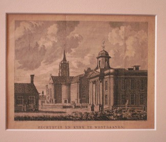 antique print (prent) - Rechthuis en kerk te Westzaanen. (Westzaan).