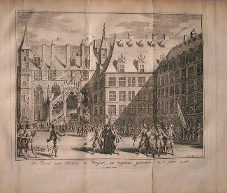 antique print (prent) - De raad van state te brussel in hegtenis genomen in `t jaar 1576.