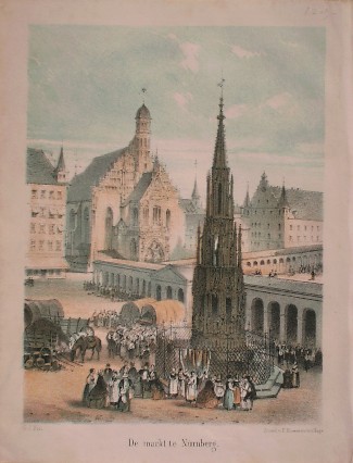 antique print (prent) - De markt te Nurnberg.