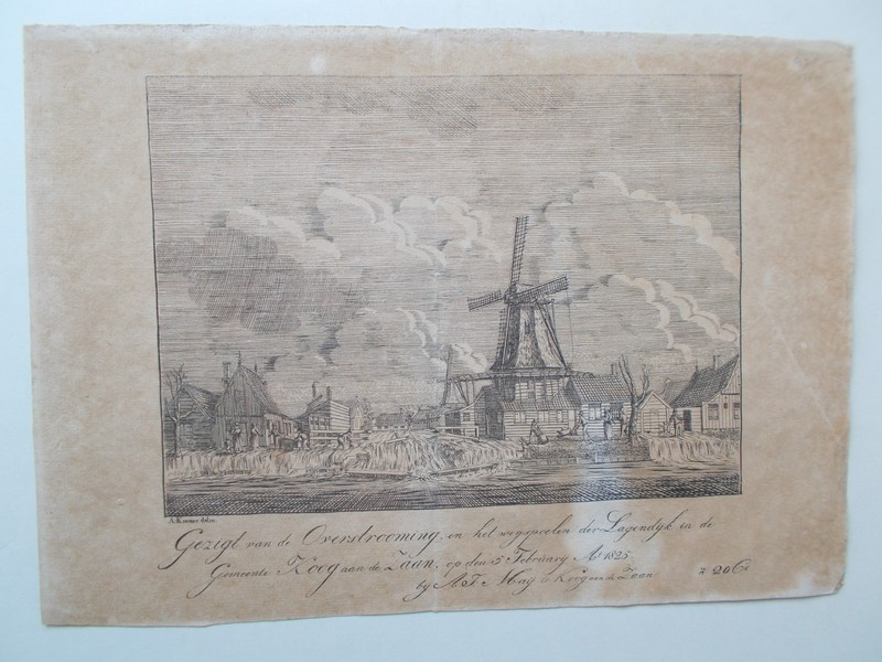 antique print (prent) - Gezigt van de overstrooming en het wegspoelen van de Lagendijk in de gemeente Koog aan de Zaan, op den 5 Februarij ao. 1825.