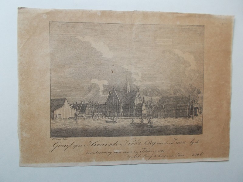 antique print (prent) - Gezigt op de Hervormde Kerk te Koog aan de Zaan, bij de overstrooming van 5 den Februarij 1825.