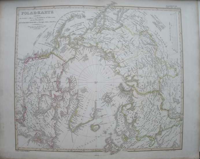 antique map (kaart). - (Russia). Polar Karte. Die Laender und Meere vom Nord-Pol mit uebersicht des Russischen Reichs (antique map of north pole surroundings, map)