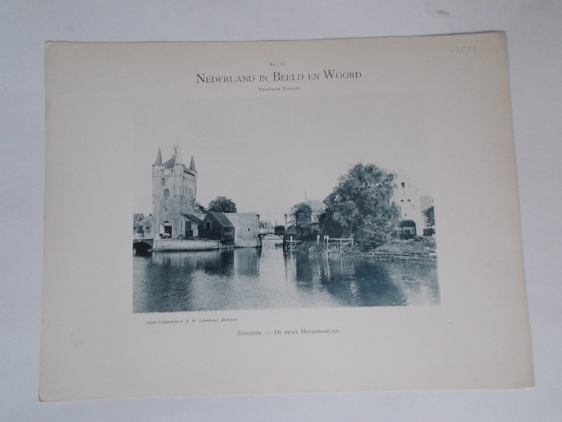 antique print (prent) - Zierikzee. De beide havenpoorten.