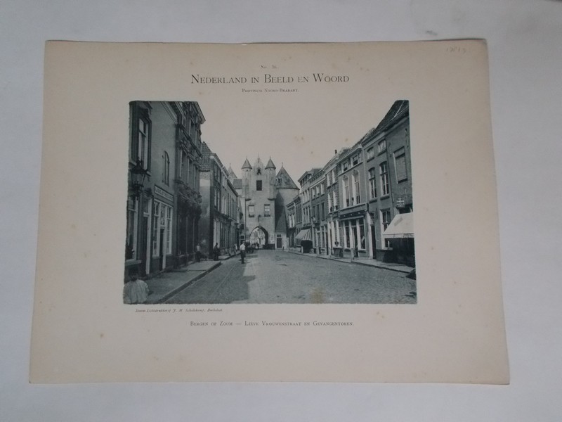 antique print (prent) - Bergen op Zoom. Lieve vrouwenstraat en gevangentoren.
