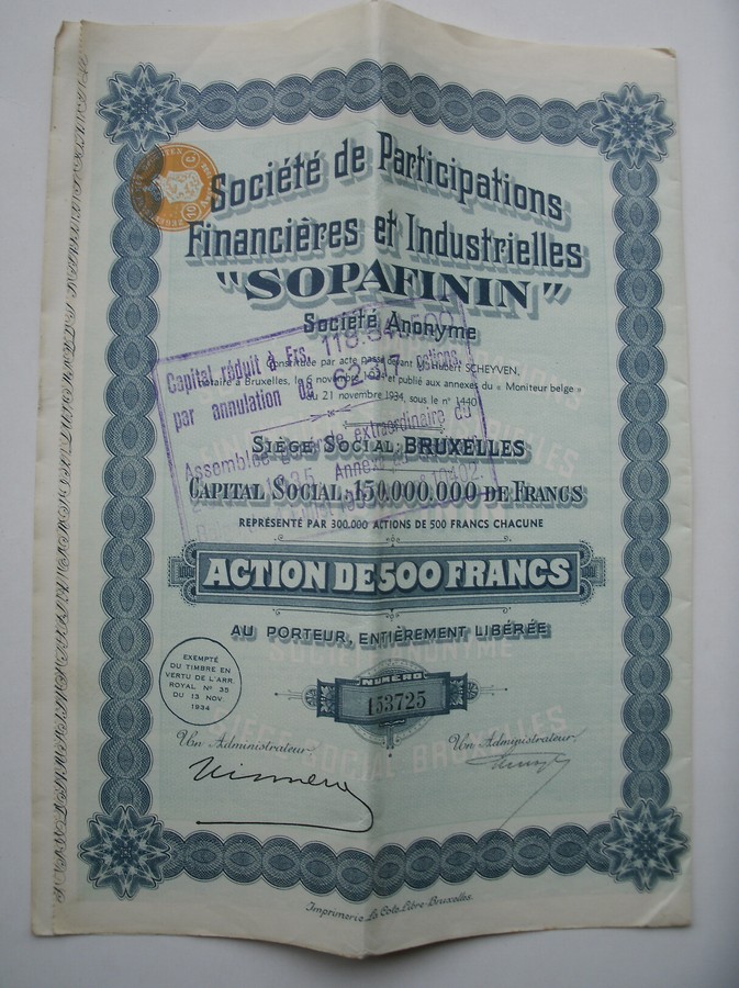 old stock. aandeel. - Societe de participations financiere et industrielles Sopafinin.