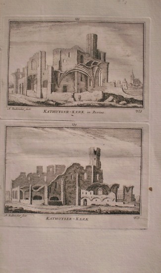 antique print (prent) - (Delft). Kathuyser-kerk in ruwine.