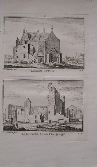 antique print (prent) - (Delft). Konings-Uythof. Kathuyser-klooster bij Delft.