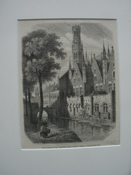 antique print (prent) - Palais de Justice a Bruges (Brugge).