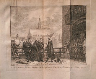 antique print (prent) - (Den Haag). `s Lands advokaat, Joan van Oldenbarneveldt op `t hofschavot in den Haage (..).