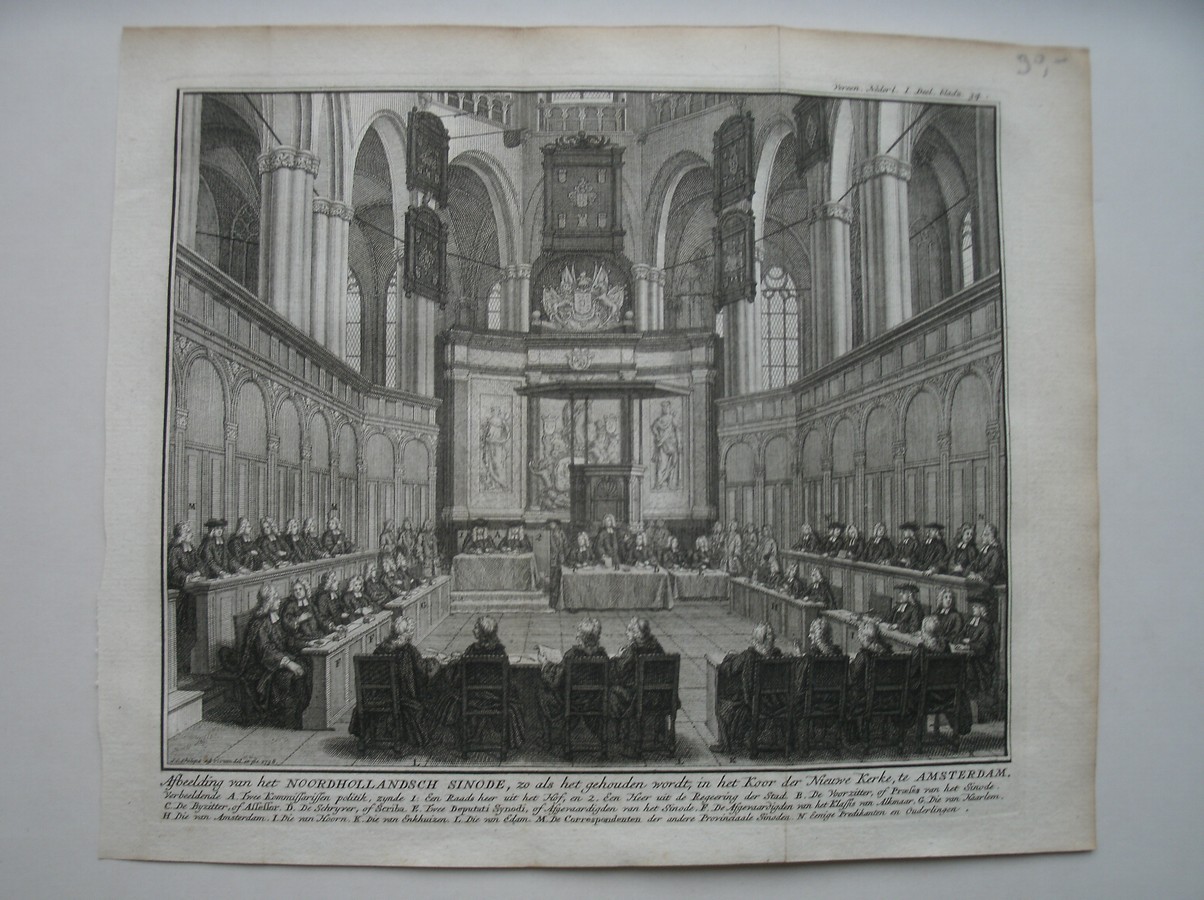 antique print (prent) - Afbeelding van het Noordhollandsch Sinode, zo als gehouden wordt in het Koor der Nieuwe Kerk te Amsterdam.