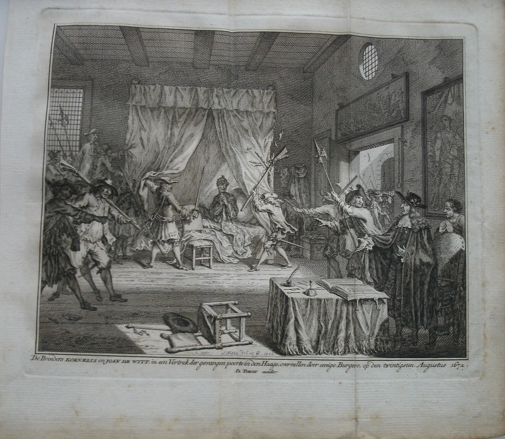antique print (prent) - De broeders Kornelis en Joan de Witt in een vertrek der gevangen poorte in Den Haag, overvallen door eenige Burgers (..).