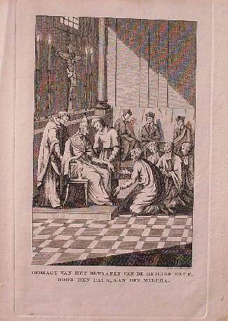 antique print (prent) - Opdragt van het bewaaren van de heilige deur, door den Paus, aan den Milcha.