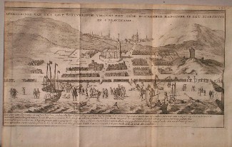 antique print (prent) - Afbeeldinge van het dorp Scheveningen volgens een oude schilderye hangende op het stadthuys in s`-Gravenhage. (Scheveningen)