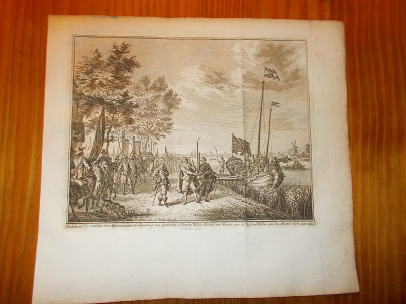 antique print (prent) - Onderhandeling tusschen twee afgevaardigden der Regeeringe van Amsterdam en Graave Willem Frederik voor de Hofstede Welna aan den Amstel in `t jaar 1680.