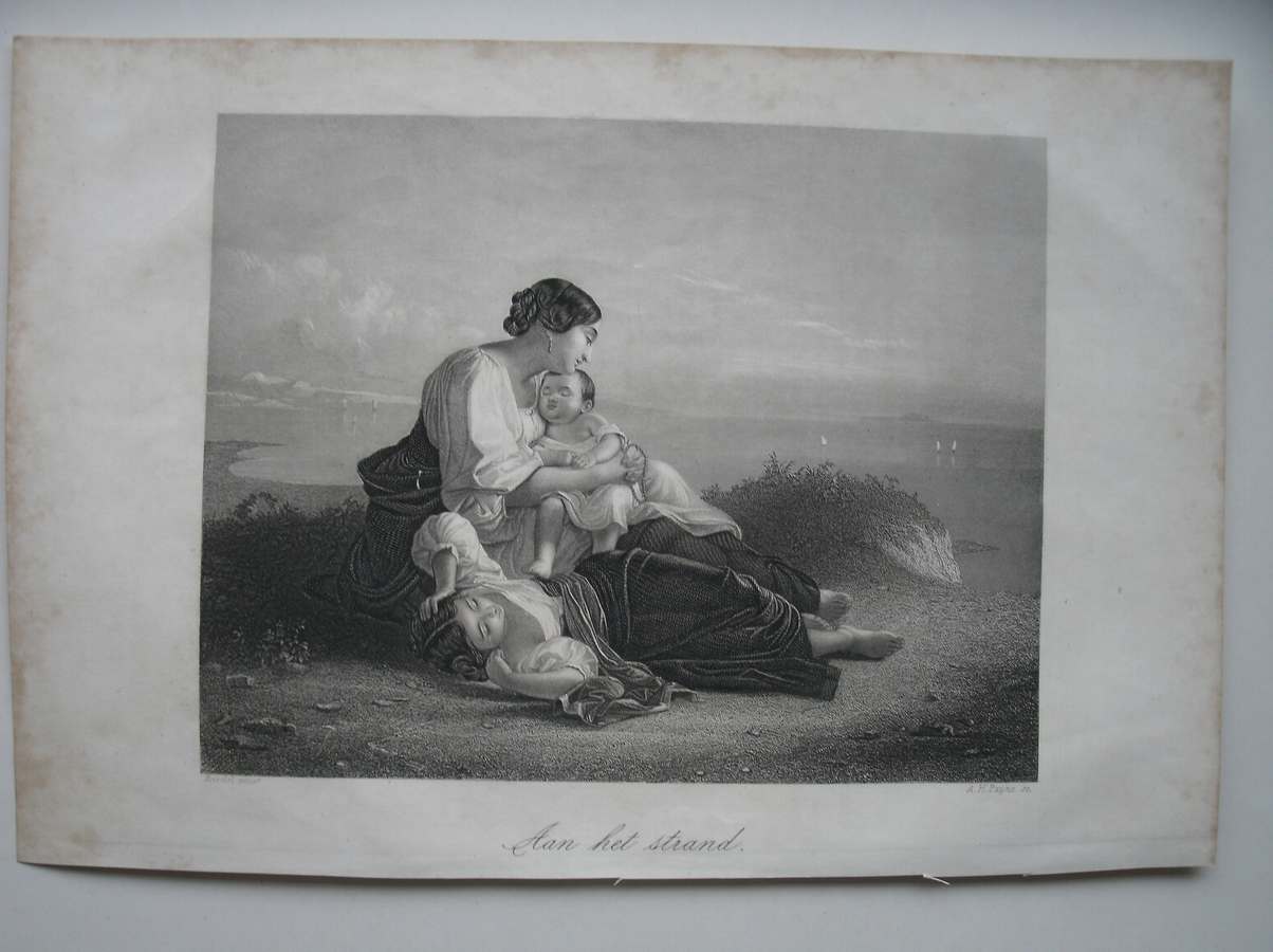 antique print (prent) - Aan het strand.