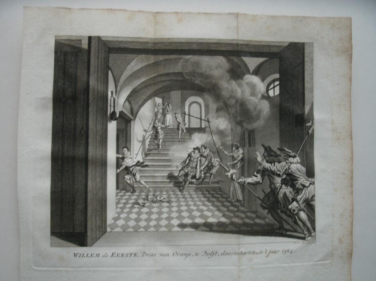 antique print (prent) - (Delft). Willem de Eerste, Prins van Oranje, te Delft doorschoten in `t jaar 1584.