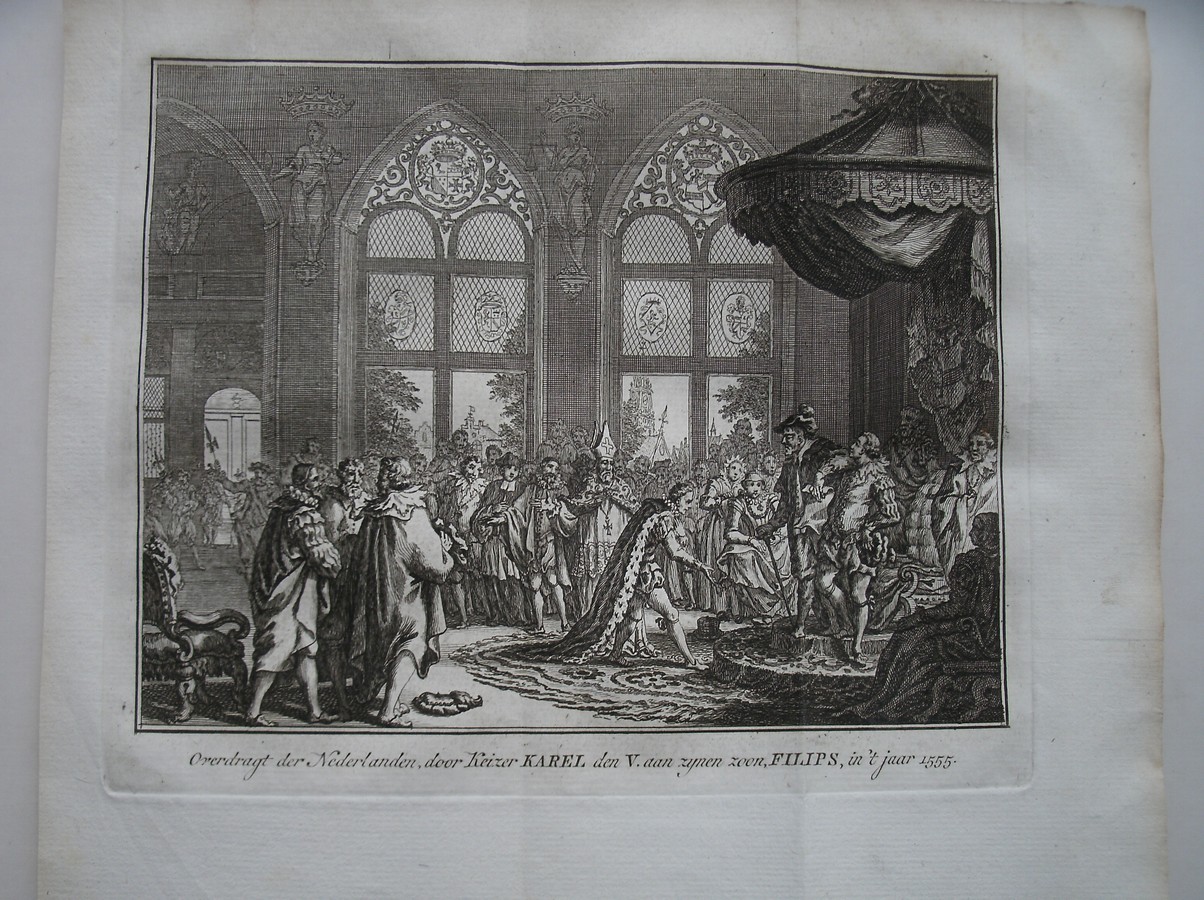antique print (prent) - Overdragt der Nederlanden door Keizer Karel den V, aan zynen zoon Filips in `t jaar 1555.