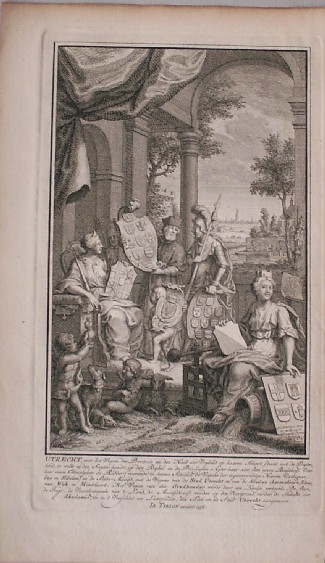 antique print (prent) - Utrecht, met het wapen der provincie en den hoed der vrijheid op haaren schoot (..).