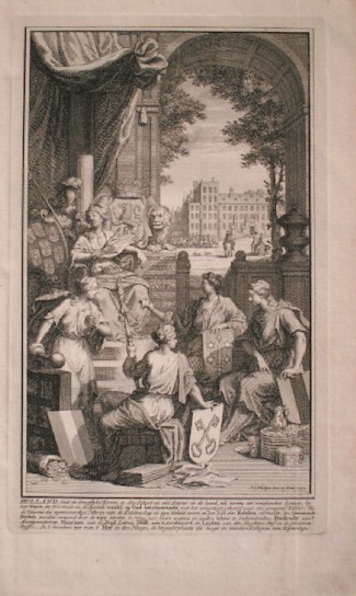 antique print (prent) - Holland. Den Haag, Leiden, Delft, Haarlem. Allegorie. Uit tegenwoordige staat van Holland.