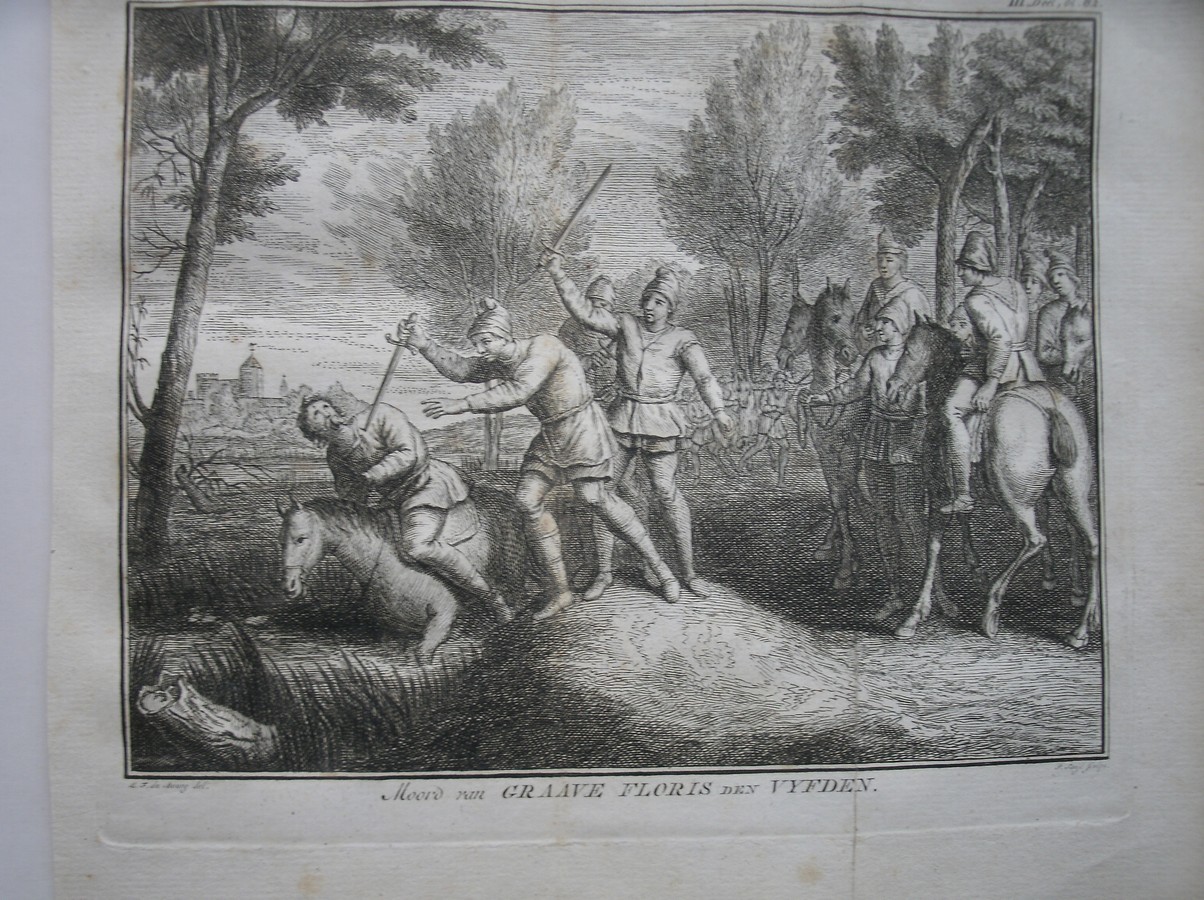 antique print (prent) - (Graaf Floris V) Moord van Graave Floris den Vyfden.