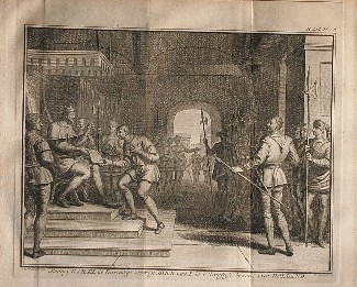 antique print (prent) - (Graaf Dirk I). Koning Karel de eenvoudige bevestigt Dirk den I. in `t graaflijk bewind over Holland.