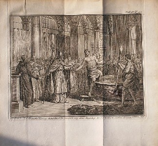 antique print (prent) - De Friesche koning Radboud weigert zig, door Bisschop Wolfran te laaten doopen.