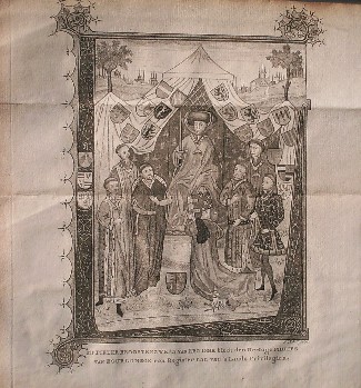 antique print (prent) - (Renesse) Mr. Pieter Beoostenzween van Renisse biedt den Hertoge Philips van Bourgondie een register aan van `s lands privilegien.