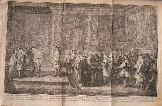 antique print (prent) - Openbaar gehoor van den Heere Cornelis Hop, Ambassadeur van hunne hoogmogenden bij den koning van Frankrijk, Lodewijk den XV, in `t jaar 1719.