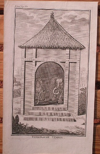 antique print (prent) - (Elephant, Vietnam) Tonkinsche Tempel.