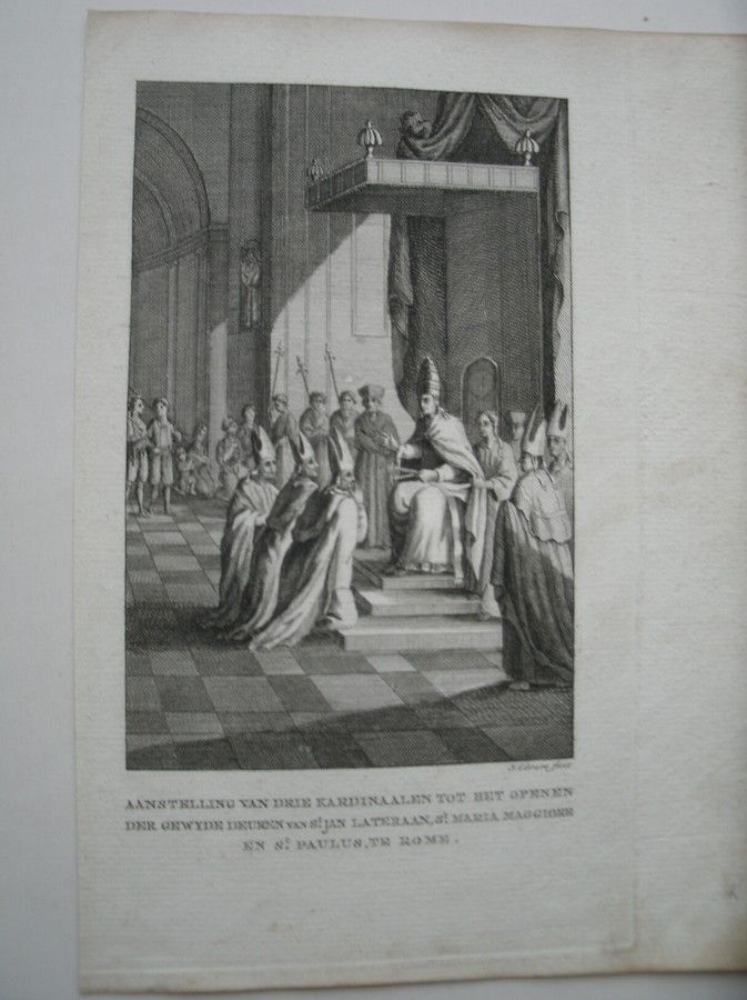 antique print (prent) - Aanstelling van drie kardinaalen tot het openen der gewyde deuren van St. Jan Lateraan, St. maria maggiore et St. Paulus te Rome.