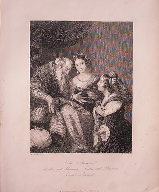 antique print (prent) - Ester et Assuerus. Esther and Ahasuerus.
