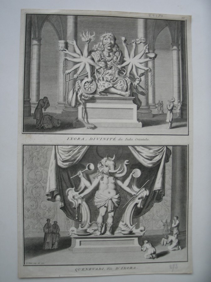 antique print (prent) - Ixora, Divinite des Indes Orientales. Quenevadi, fils d` Ixora.