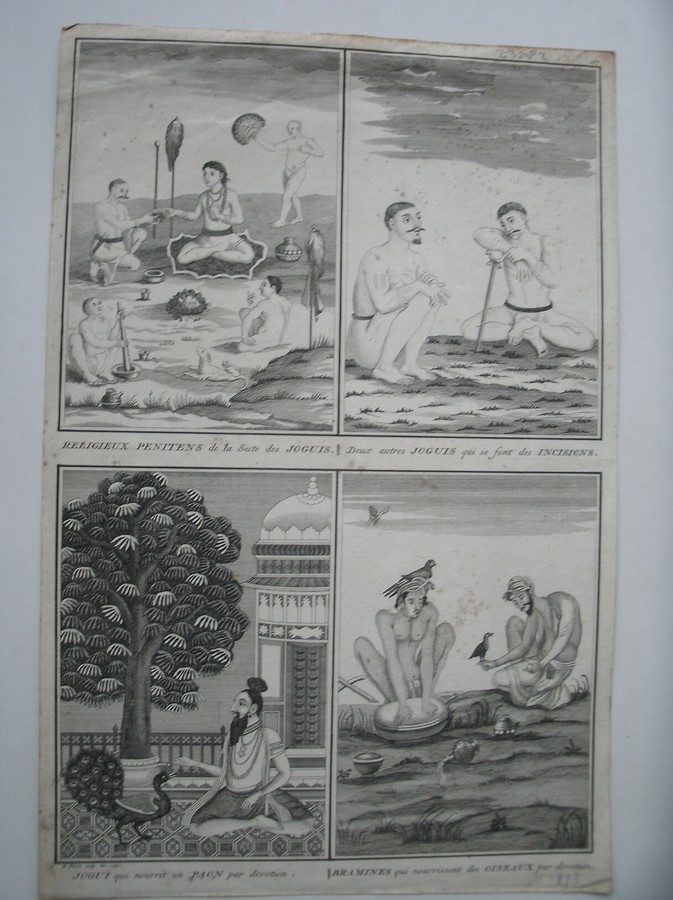 antique print (prent) - (B. Picart) Religieux penitens de la secte de joguis. Deux autres joguis qui se sont des incisions. Jogui qui nourrit un paon par devotion. Bramines qui nourissent des oiseaux