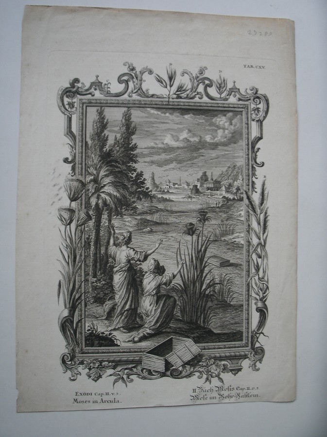 antique print (prent) - Exodi cap II. v.3. Moses in Arcula. (Exodus)