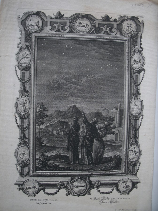 antique print (prent) - Deut. Cap. XVIII.v.10.11. (Deuteronomium).