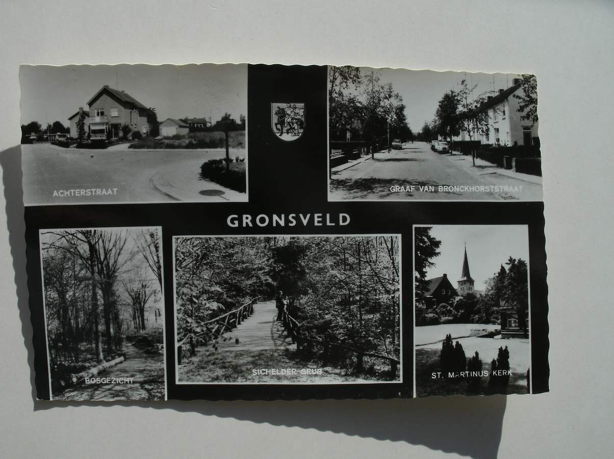 postcard. ansichtkaart. postkarte. - Gronsveld. (Achterstraat, Graaf van Bronckhorststraat, Bosgezicht, Sichelder grub, St.martinuskerk).