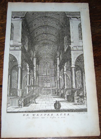antique print (prent) - De westerkerk van binnen, naar `t oosten te zien. (Amsterdam).