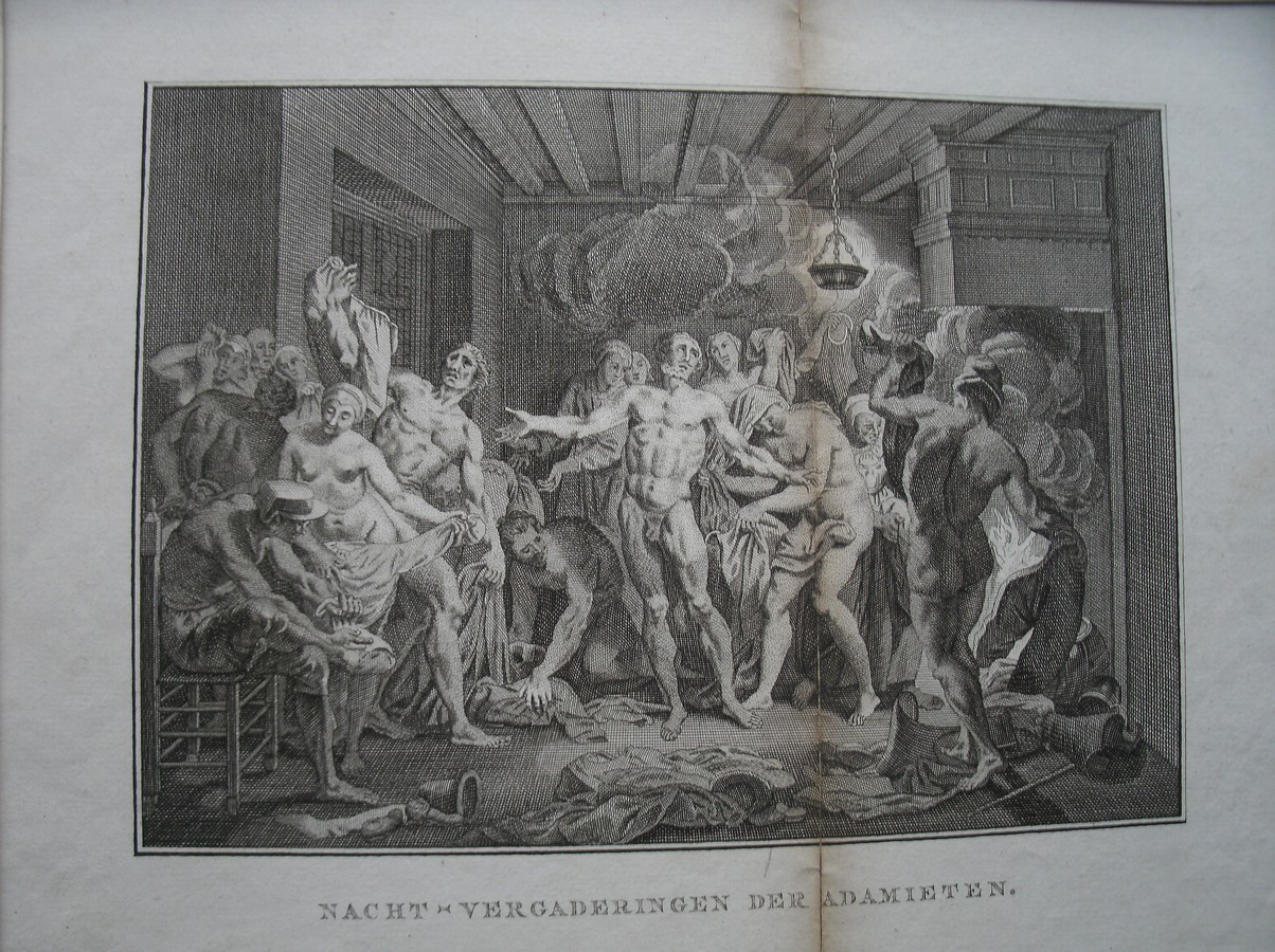 antique print (prent) - Nacht vergaderingen der Adamieten (Adamites).