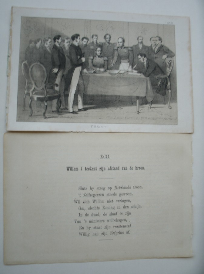 antique print (prent) - (Willem de eerste) Willem I teekent zijn afstand van de kroon.