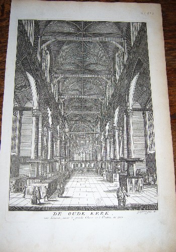 antique print (prent) - De Oude Kerk van binnen, naar `t groote choor in `t oosten te zien. (Amsterdam).