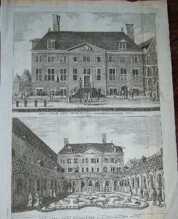 antique print (prent) - Het oude zyds huiszitten aalmoesseniers huis van vooren. Idem van Achteren.