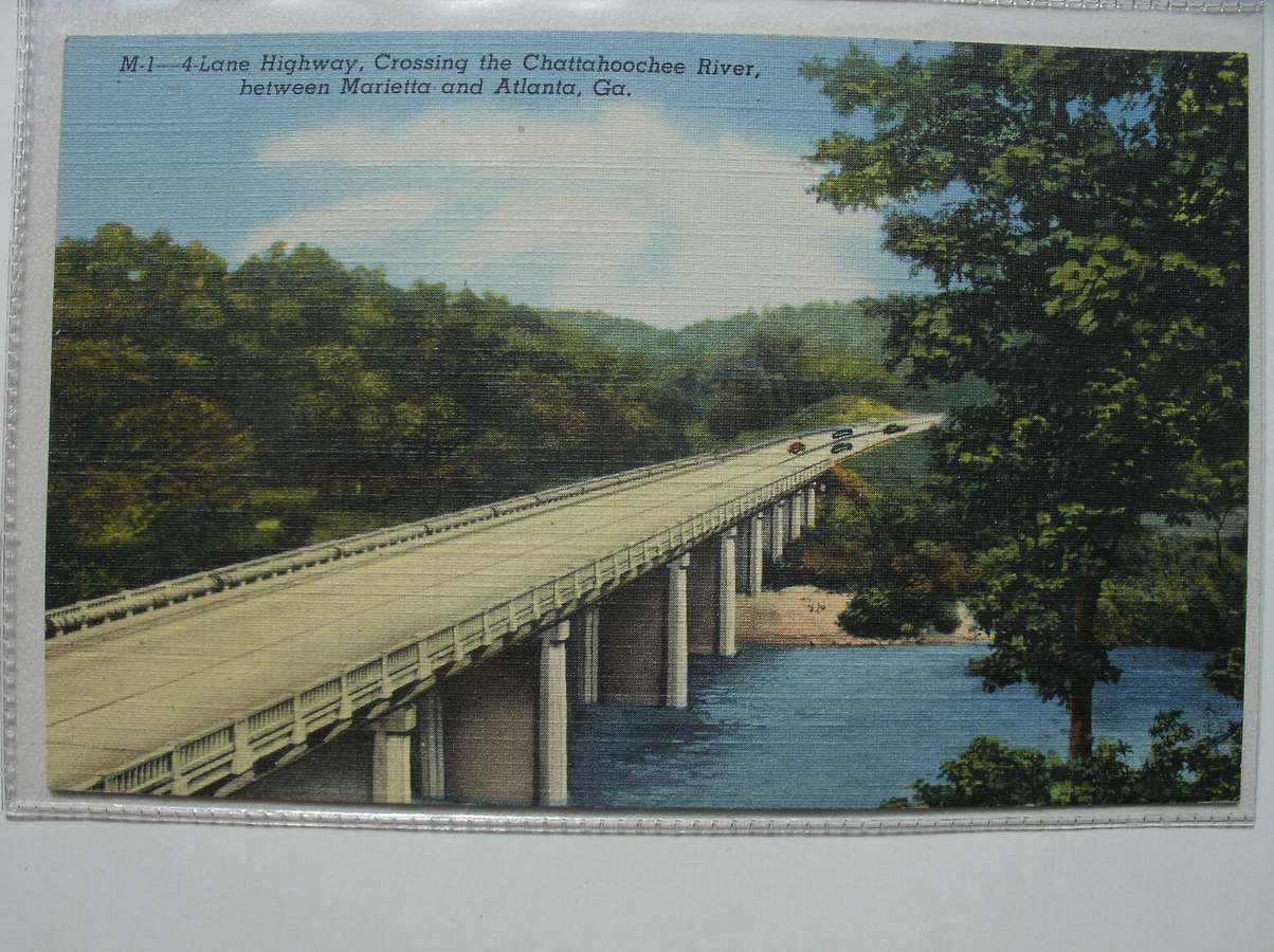 postcard. ansichtkaart. postkarte. - M-1-4 lane highway, crossing the Chattahoochee River, between Marietta and Atlanta, Georgia.