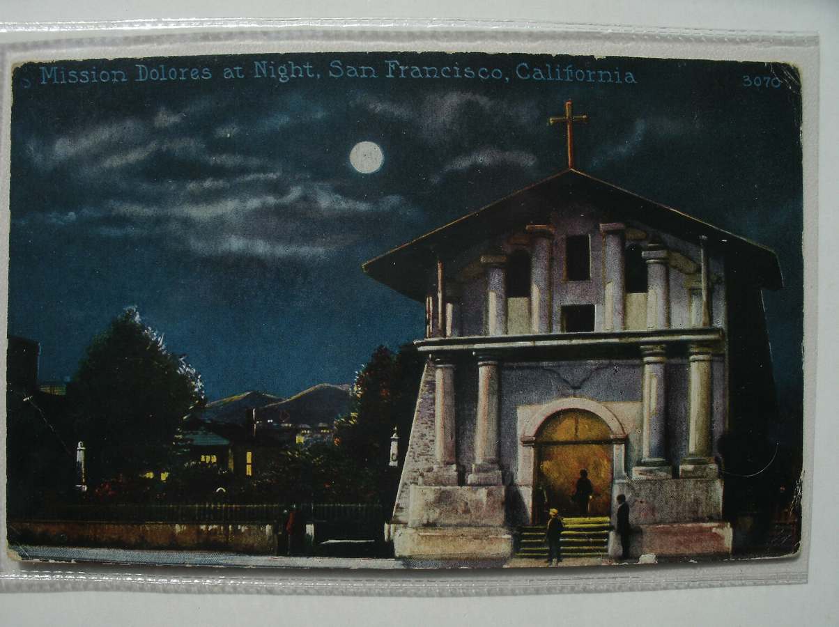 postcard. ansichtkaart. postkarte. - Mission Dolores at Night, San Francisco California.