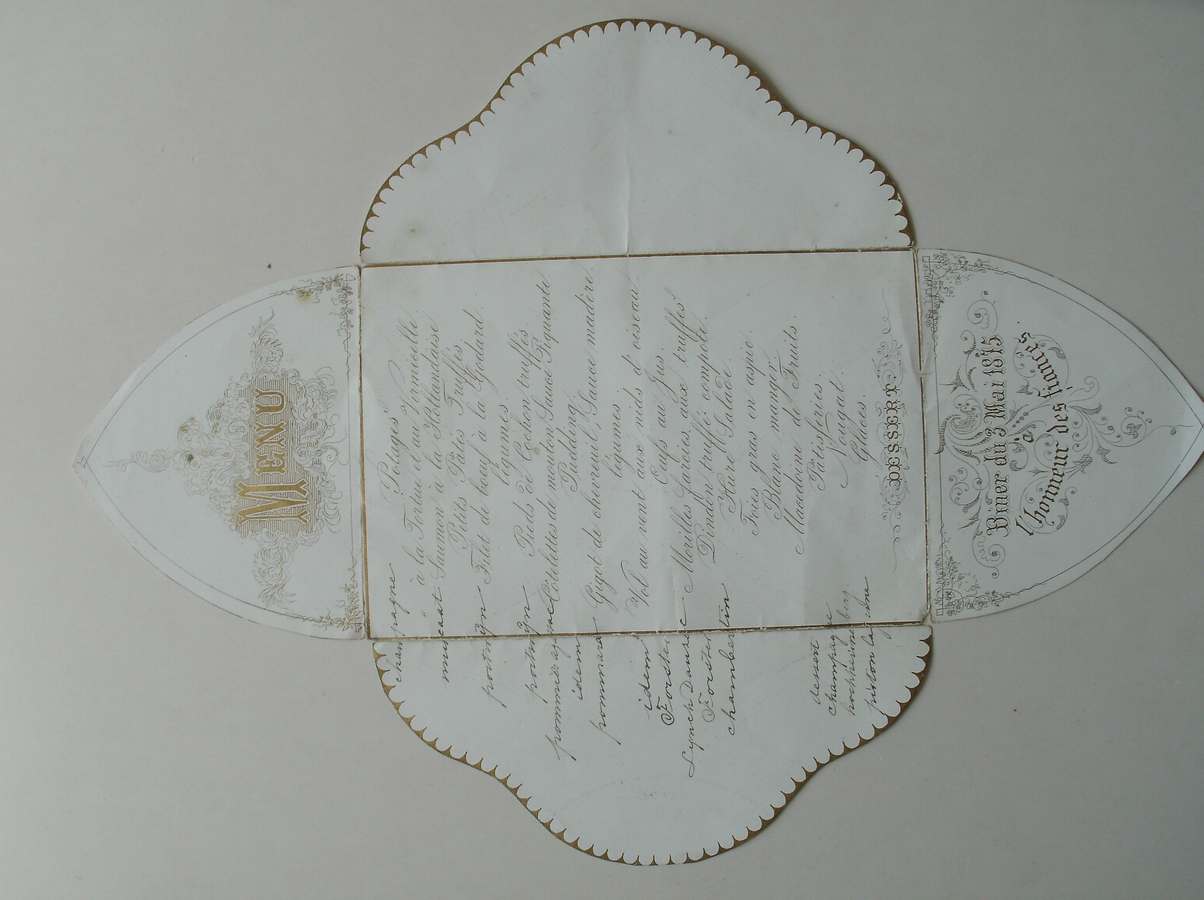 (genealogie, SPRENGER, W.J.,), - (menukaart) Menu. Diner du 3 mai 1875. L` honneur des fiance`s. A Monsieur W.J. Sprenger.