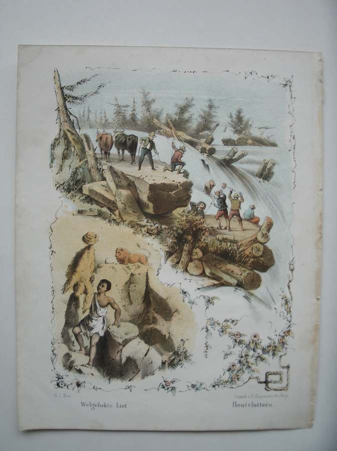 antique print (prent) - Welgelukte list. Houtvlotters.